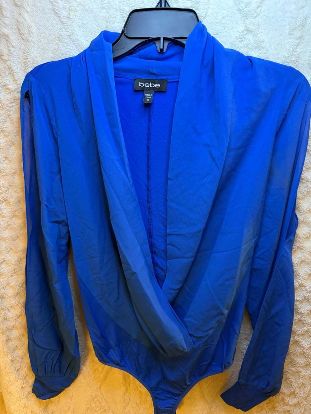 bebe Royal Blue Cowl Neck Long Sleeve Wrap Bodysuit Size M